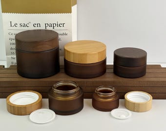 15g 30g 50g 100g 150g 200g Cremetiegel aus bereiftem Braunglas, nachfüllbarer Kosmetikbehälter mit Holzverschluss für Hautpflegeverpackungen, UVglas
