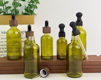 Frasco gotero redondo de vidrio verde oliva de 30 ml, 50 ml y 100 ml, rellenable para suero y aceite esencial con tapa negra o de madera, frasco para tintura.