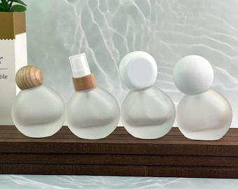 Empty Frosted Glass Bottles – Refillable Spray/Lotion/Essential Oil Packaging (Wood or White Caps) | For Skincare, Aromatherapy & Travel use