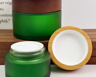Tarro de crema de vidrio verde esmerilado, tarro cosmético recargable con tapa de madera, envase vacío para el cuidado de la piel, envase para bálsamo y manteca corporal, tarros para el rostro