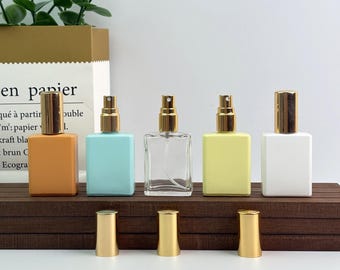 Square Glass Perfume Spray Bottle with Gold Cap, Refillable Fine Mist Atomizer for Essential Oil, Minimalist Colorful Fragrance Packaging