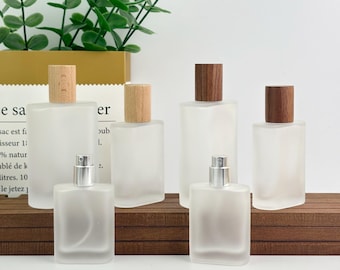 30ml 50ml 100ml Frosted Glass Spray Bottles, Refillable Perfume Jars with Wooden Cap,Reusable Cosmetic Atomizer, Empty Minimal Packaging