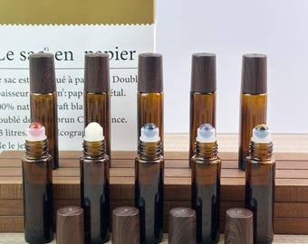 10ml Roller Bottle Amber Glass Roll On Bottle with Wood Grain Cap, Jade Ball Essential Oil Perfume Oil Bottle