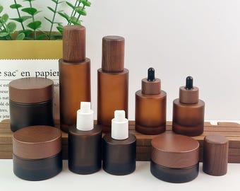Frosted Brown Glass Cosmetic Bottles, Wood Cap Lotion Bottle Cream Jar Dropper Spray Bottle for Skincare Packaging