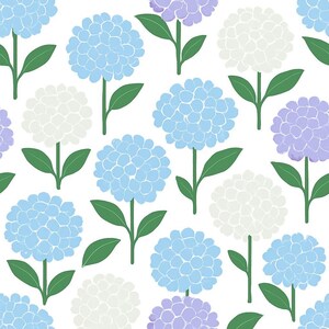 May include: A seamless pattern featuring blue, white, and purple hydrangea flowers with green leaves on a white background.