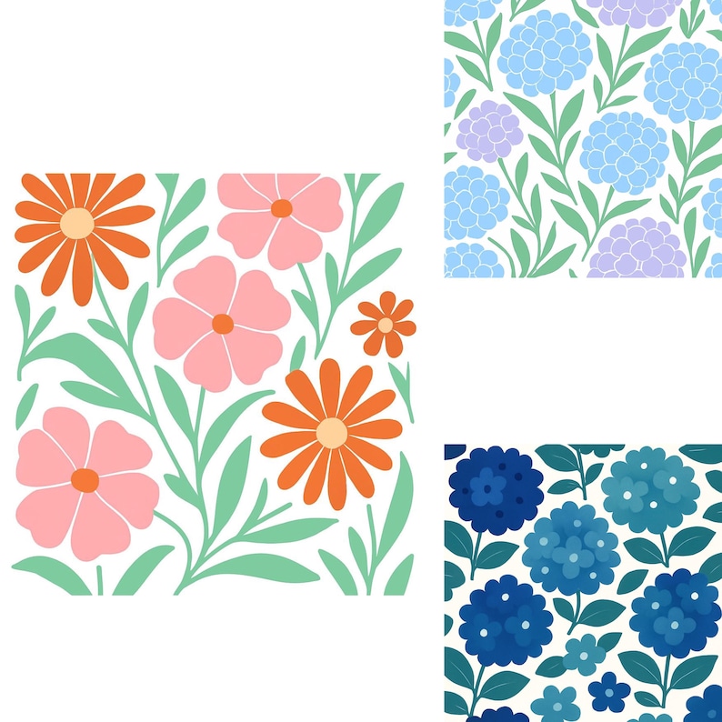 May include: Three different floral patterns with a white background. The first pattern features pink, orange, and green flowers. The second pattern features blue and purple flowers. The third pattern features blue flowers.
