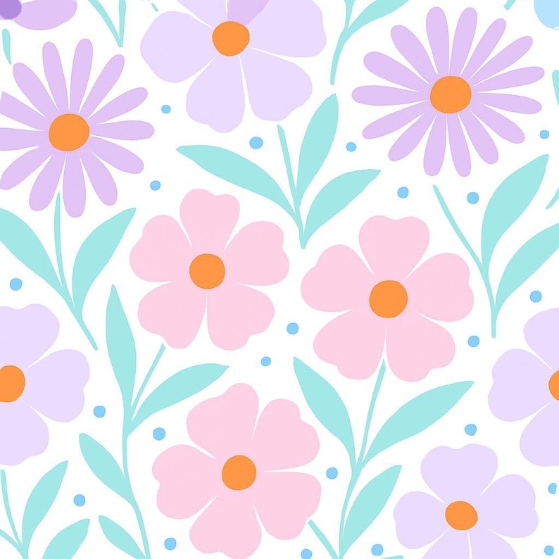 May include: A seamless pattern featuring pastel pink, purple, and blue flowers with green leaves on a white background.