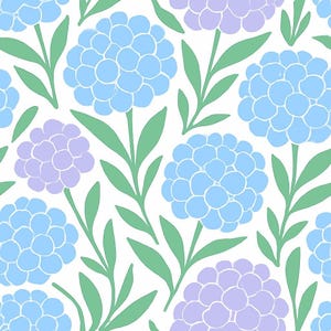 May include: A seamless pattern featuring light blue and purple flowers with green leaves on a white background.
