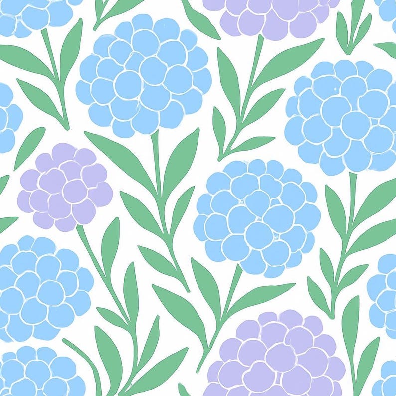 May include: A seamless pattern featuring light blue and purple flowers with green leaves on a white background.