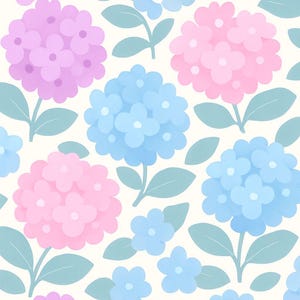 May include: A seamless pattern featuring pastel blue, pink, and purple hydrangea flowers with green leaves on a white background.
