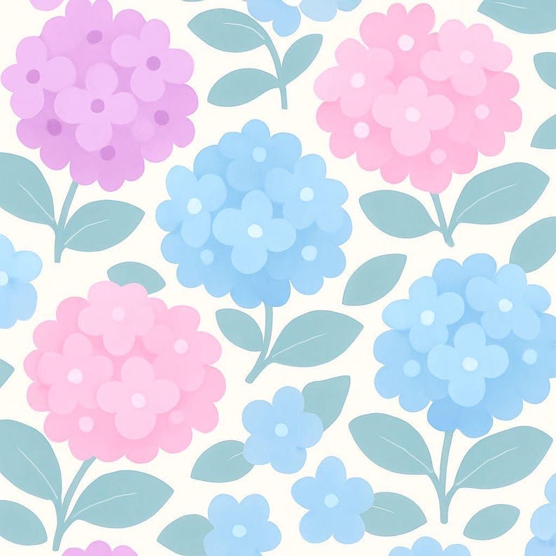May include: A seamless pattern featuring pastel blue, pink, and purple hydrangea flowers with green leaves on a white background.