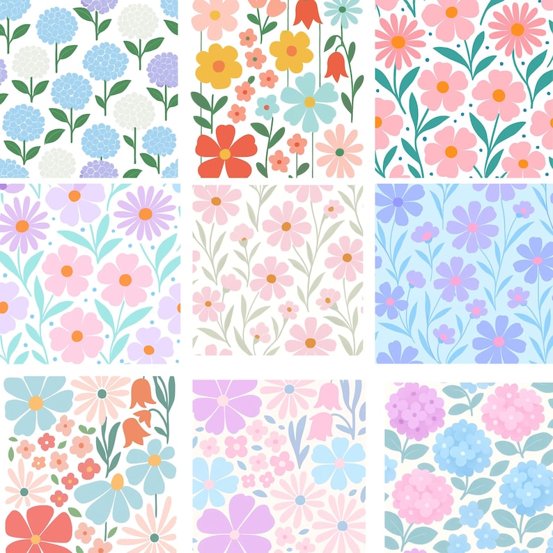 May include: Nine different floral patterns featuring various flowers in pink, blue, purple, and yellow. The patterns are arranged in a grid.