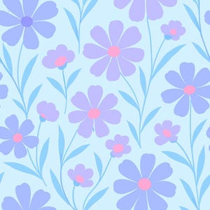 May include: A seamless pattern featuring light blue and purple flowers with pink centers on a light blue background. The flowers are stylized and have a simple design.