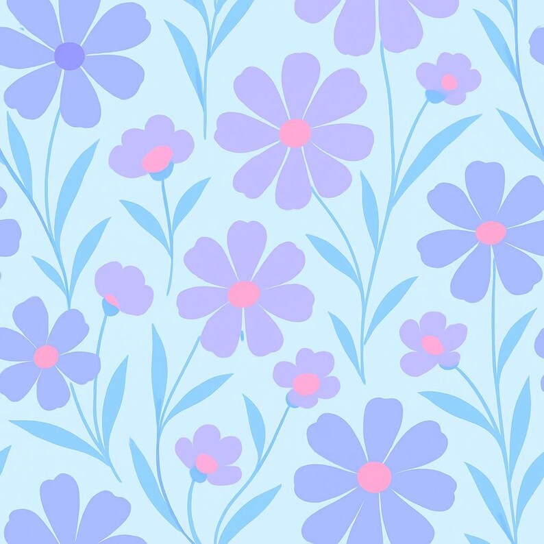 May include: A seamless pattern featuring light blue and purple flowers with pink centers on a light blue background. The flowers are stylized and have a simple design.