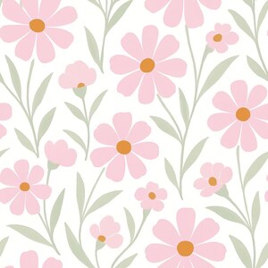 May include: A seamless pattern featuring pink flowers with orange centers on a white background. The flowers are arranged in a repeating pattern with green leaves.