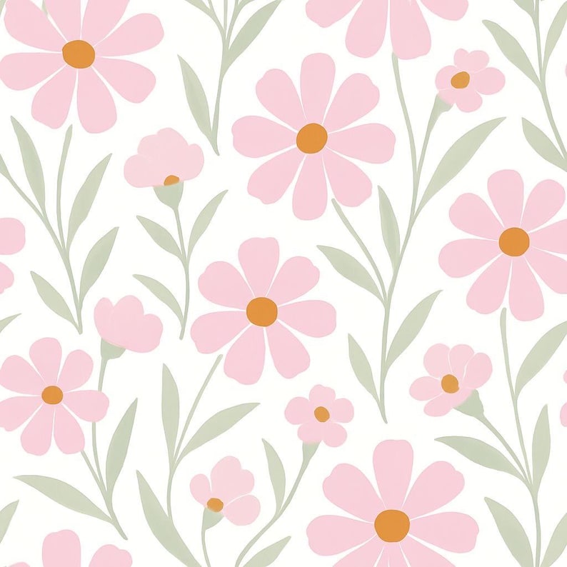 May include: A seamless pattern featuring pink flowers with orange centers on a white background. The flowers are arranged in a repeating pattern with green leaves.