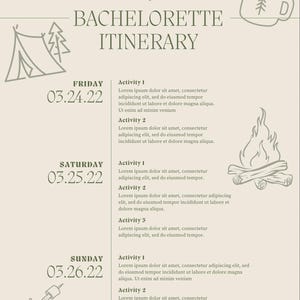 Camp bachelorette itinerary, Camping Bachelorette Party weekend for Bride & Bridal Party, Cabin Adventure theme bach