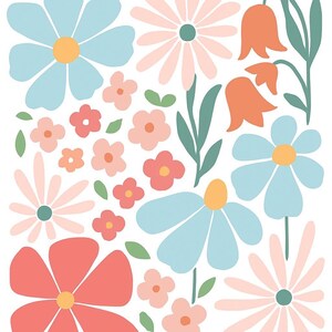 May include: A digital illustration of a floral pattern with pink, blue, and orange flowers. The flowers are in various sizes and shapes, and they are arranged in a random pattern. The background is white.