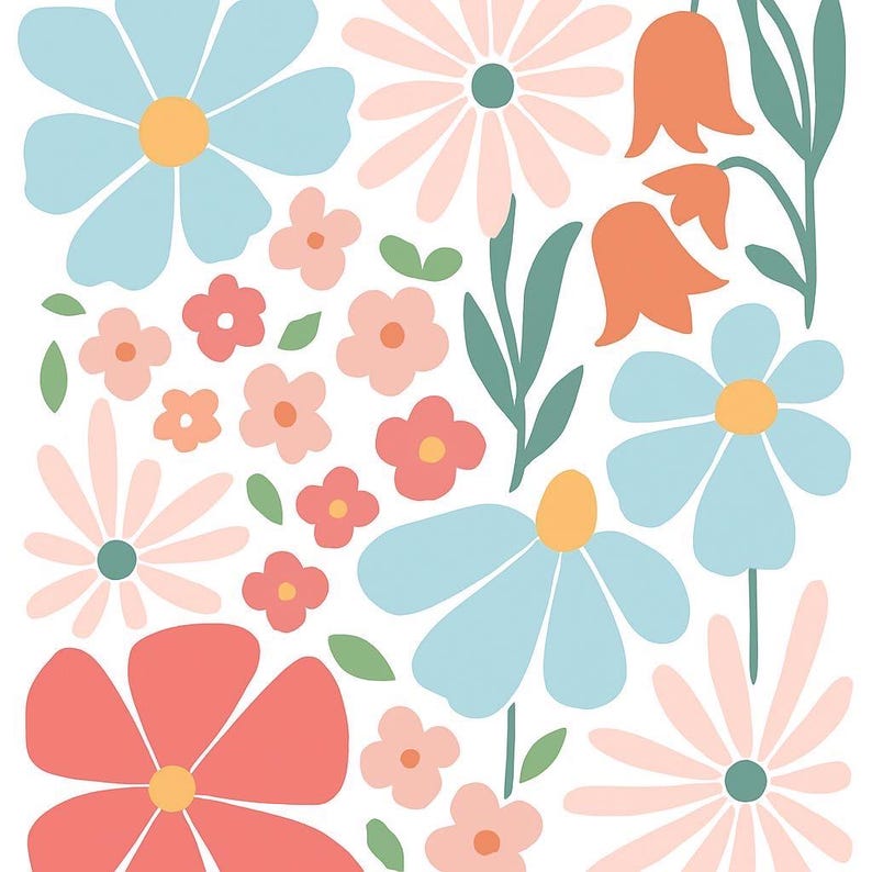 May include: A digital illustration of a floral pattern with pink, blue, and orange flowers. The flowers are in various sizes and shapes, and they are arranged in a random pattern. The background is white.