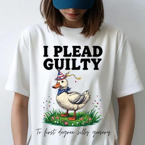 Op de afbeelding: Wit T-shirt met een cartoon eend die een feestmuts draagt met de tekst "I Plead Guilty to first degree silly goosery".