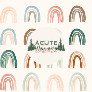 Pode incluir: Um padrão gráfico digital com várias ilustrações de arco-íris em estilo aguarela em vários tons terra suaves, incluindo terracota, verde sálvia e rosa claro. Um logótipo circular central exibe o texto ACUTE illustration sobre pinheiros.