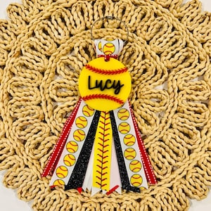 Softball Bag Tag with Ribbon Tassel | Gym Bag Accessory | Personalized Acrylic Tag | Custom Name Backpack Charm