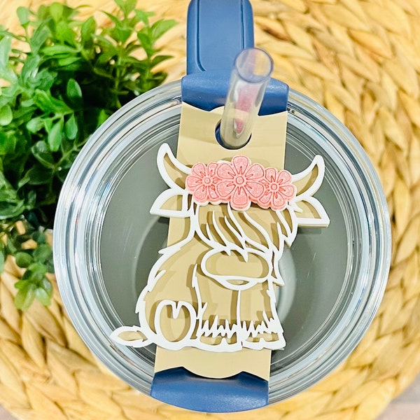 Highland Cow with Flower Headband Tumbler Tag | Custom Farmhouse Stylish Plate | Personalized Acrylic Cup Accessories | 20 30 40 oz Topper