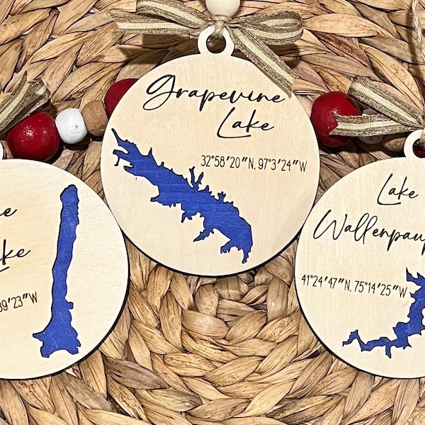 Lake Christmas Ornament | Personalized with your favorite Lake | Gift for Lake Lover | Rustic Nature Decor | Minimalist Tree | Lake House