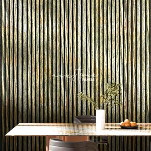 May include: Vertical wooden panels in shades of green, gold, and brown. The image shows a dining table, chairs, and decorative items. The text "acustone PANELS" is visible in the image.