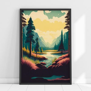 Cartel del bosque arte paisaje descarga digital senderismo impresión ilustración natural imprimible arte pared arte PNW cartel retro