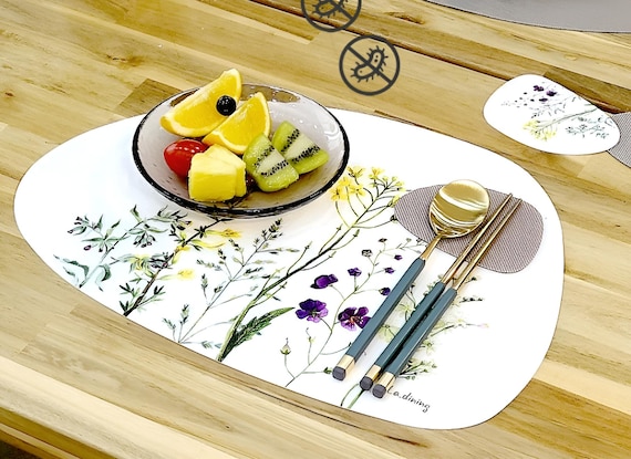 Pebble Shape TPU Antibacterial Placemat-Wild Flower, Non-toxic, Waterproof, Non-slip, No odor, Easy to Clean