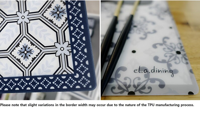 May include: A close-up of two rectangular placemats with a decorative design. One features a navy blue border with white geometric patterns and floral accents. The other has a transparent surface with a floral pattern and the text "el.a.dining".