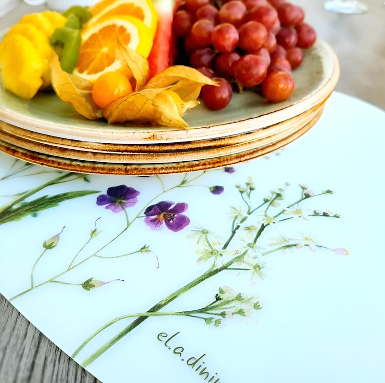 May include: A stack of green-rimmed plates holds a colorful assortment of fruit, including grapes, oranges, and kiwi. Below, a light blue placemat features a floral design with purple flowers and the text "el.a.dini".