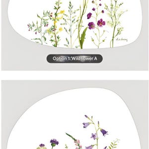 May include: Two watercolor illustrations of wildflowers on white backgrounds. Option 1 features yellow and purple flowers, while Option 2 showcases purple bellflowers and other blooms. The text "Option 1: Wildflower A" and "Option 2: Wildflower B" are included.