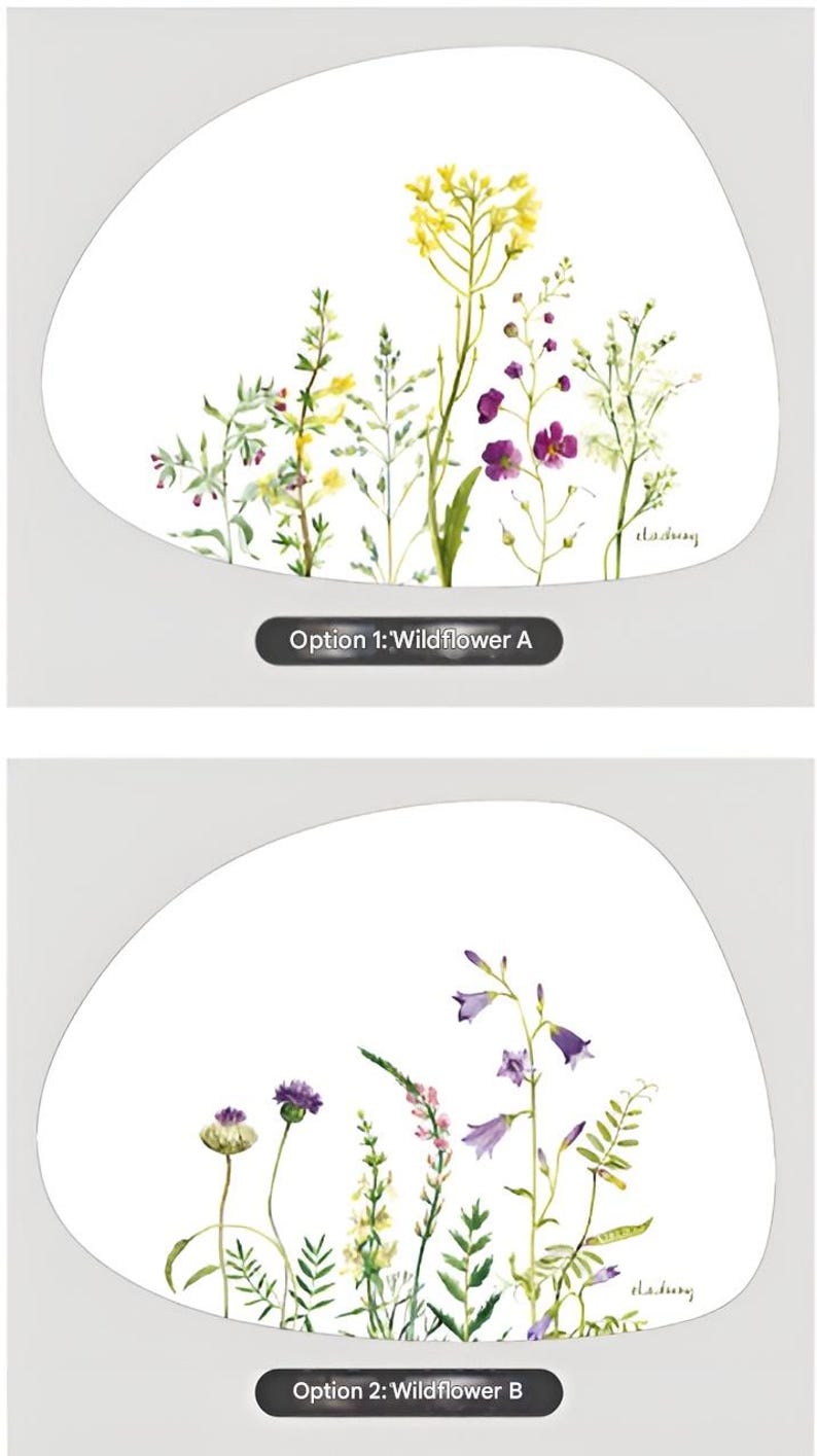 May include: Two watercolor illustrations of wildflowers on white backgrounds. Option 1 features yellow and purple flowers, while Option 2 showcases purple bellflowers and other blooms. The text "Option 1: Wildflower A" and "Option 2: Wildflower B" are included.