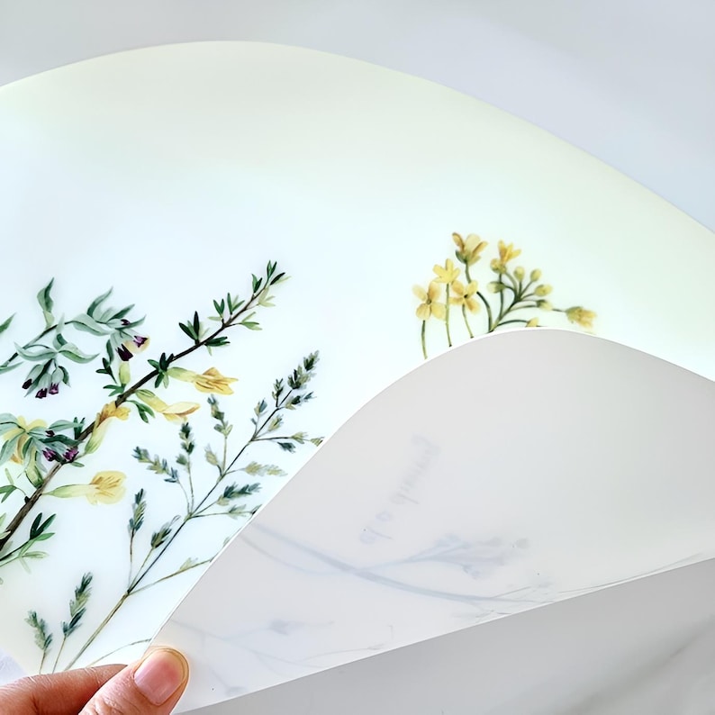 May include: A close-up of a white, curved surface with a floral design. The design features yellow flowers and green leaves. The surface is being held up, revealing a similar design on the underside.