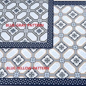 May include: Two patterned fabric samples. One features a blue, gray, and white geometric design with the text "BLUE GRAY PATTERN." The other has a blue, yellow, and white geometric design with the text "BLUE YELLOW PATTERN."