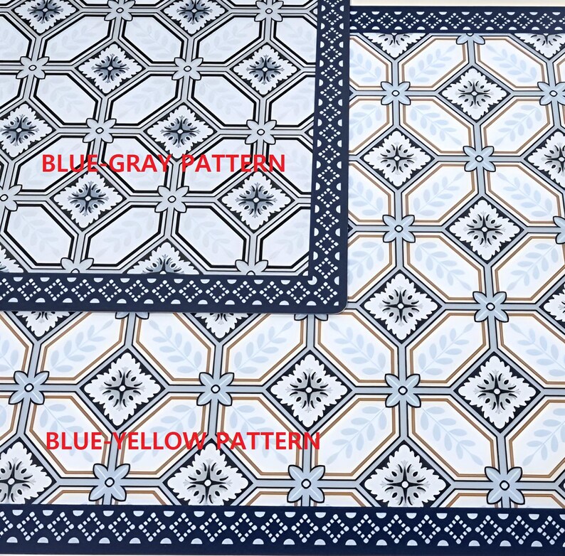 May include: Two patterned fabric samples. One features a blue, gray, and white geometric design with the text "BLUE GRAY PATTERN." The other has a blue, yellow, and white geometric design with the text "BLUE YELLOW PATTERN."