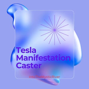 May include: A digital graphic with a gradient of blues and purples. A transparent square with the text "Tesla Manifestation Caster" and a starburst design is centered. The text "IntoTheMysticRiver" is at the bottom.