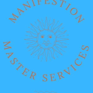 Op de afbeelding: Een blauwe achtergrond met een cirkel met daarin een zon met een gezicht en de tekst "MANIFESTATION MASTER SERVICES" in oranje. De tekst onder de cirkel luidt "THE POWER TO TURN YOUR DREAMS INTO REALITY."