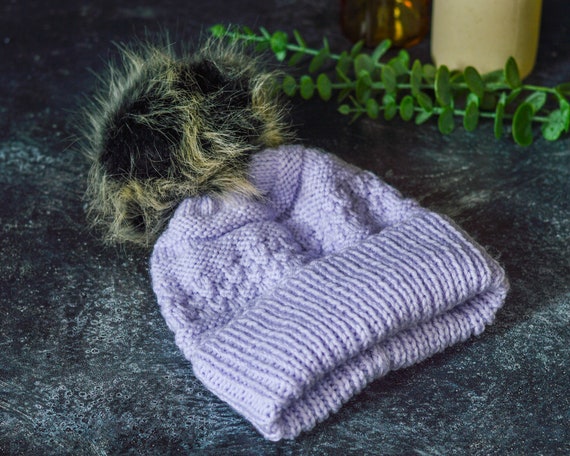 Faux Fur Pom Beanie - Handmade Knit Hat - Lilac Color  display picture 1