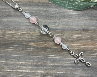 Rose Quartz, Sun Catcher Cross, Rearview Mirror Car Charm, Spiritual, Religious, gift for woman, New car gift