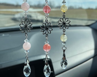 Flower Charm Crystal Pendant BOHO Rearview Mirror Car Charm, Sun Catcher, Yellow Citrine, Rose Quartz, Cherry Glass, New Car Gift