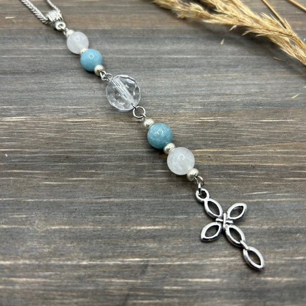 Blue Jade and White Jade Cross sun catcher - Rearview Mirror Car Charm, car gift, Spiritual Gift