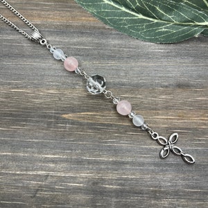 Rose Quartz Cross Car Charm: Spiritual Sun Catcher Rearview Mirror Decor