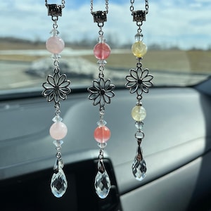 Flower Charm Crystal Pendant BOHO Rearview Mirror Car Charm, Sun Catcher, Yellow Citrine, Rose Quartz, Cherry Glass, New Car Gift