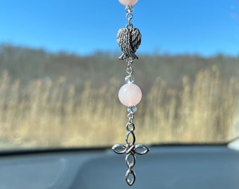 Rose Quartz, Angel Wings, Cross, Rearview Mirror Car Charm - Sun Catcher, Spiritual, Religious, New car gift