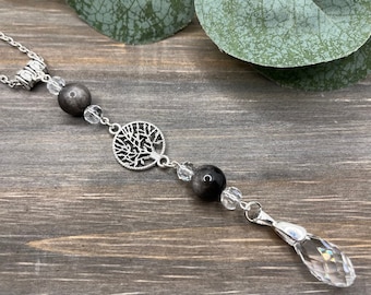 Obsidian Tree of Life Crystal Pendant Sun Catcher Rearview Mirror Car Charm, BOHO, New car gift