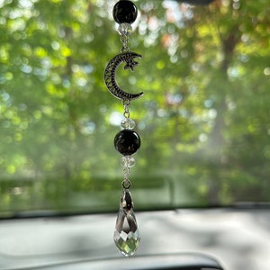 Moon and Star Obsidian Stone Bead, Witchy, Celestial Sun Catcher Rearview Mirror Car Charm, Car Decor, BOHO, Car Accessory, New Car Gift