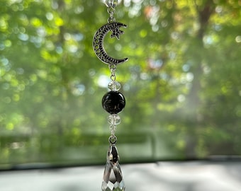 Moon and Star Witchy Celestial Obsidian, Sun Catcher Rearview Mirror Car Charm, Car Decor, BOHO, Car Accessory, New Car Gift